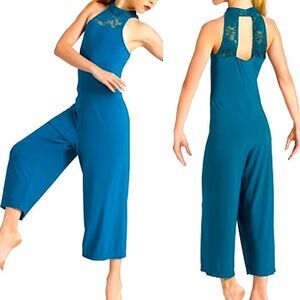 WEISSMAN Dance Costume unitard jumpsuit teal lace Open Hands 12372 adult SA